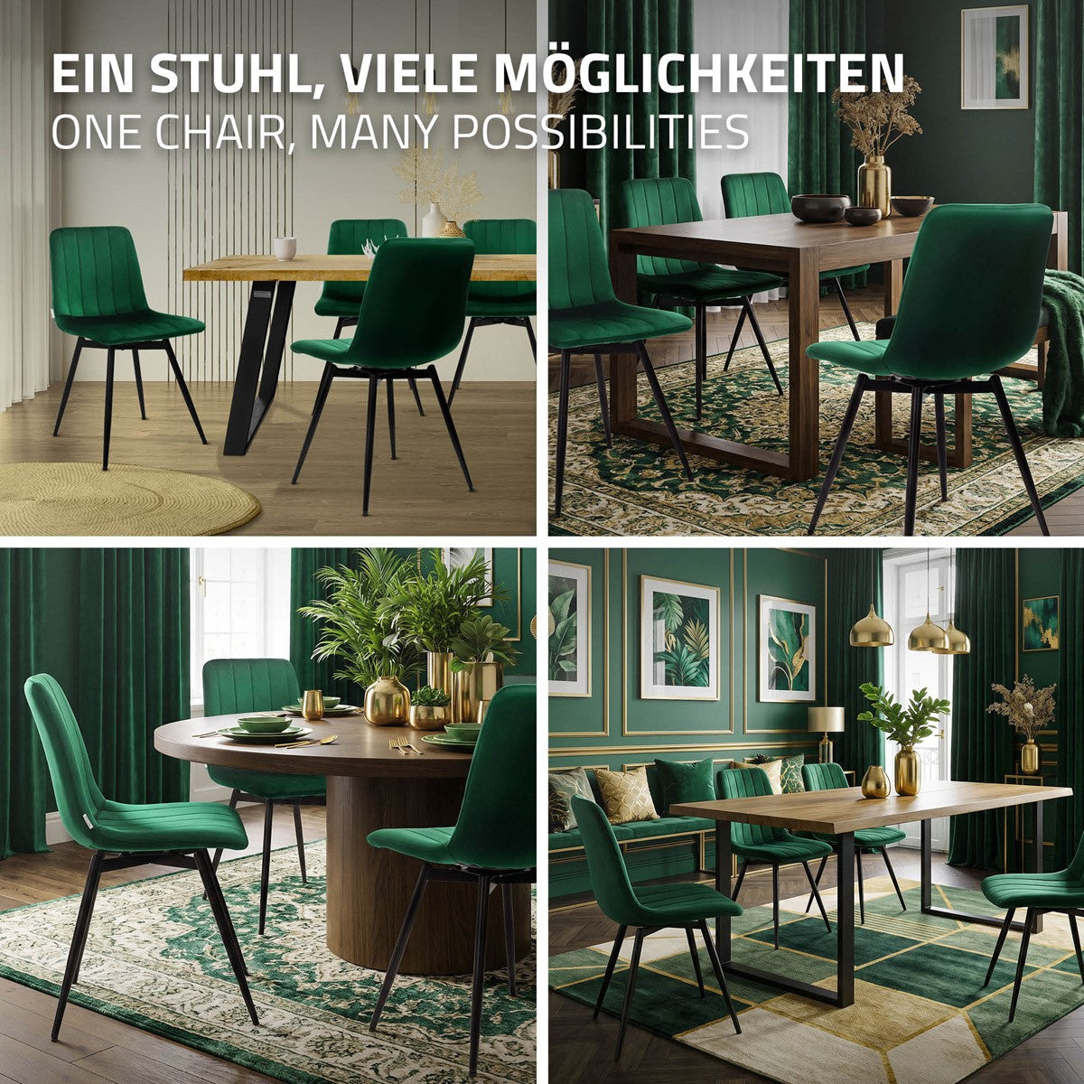 Vier woonkamerscènes met groene gestoffeerde stoelen aan eettafels; tekst in beeld: „Eén stoel, veel mogelijkheden”.