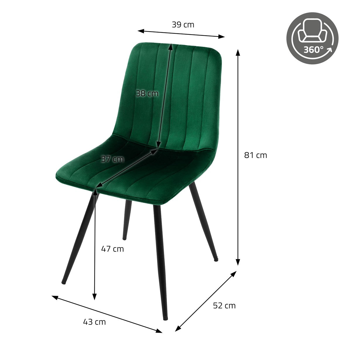 Groene gestoffeerde stoel met afmetingen: 81 cm hoog, 43 cm breed, 52 cm diep en een zithoogte van 47 cm; 360 graden draaibaar.
