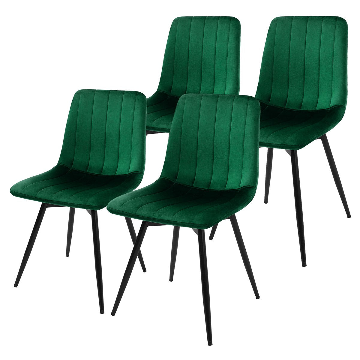 Vier donkergroene eetkamerstoelen met verticale stiksels en zwarte poten tegen een witte achtergrond.