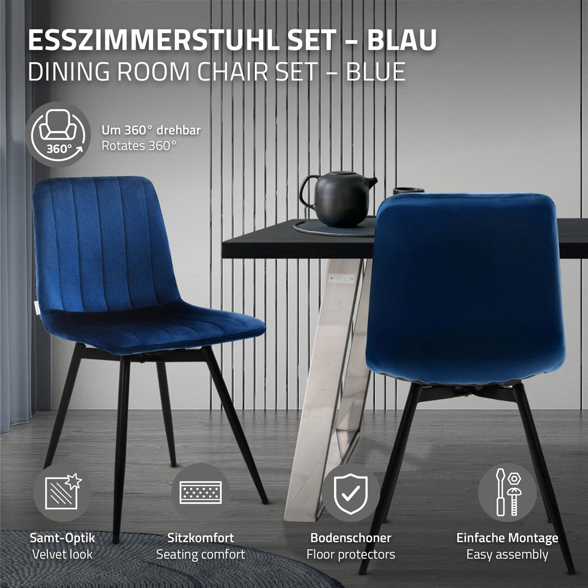 Twee blauwe stoelen met fluweellook aan een tafel; bijschriften op de afbeelding noemen een draaifunctie, zitcomfort, vloerbeschermers en eenvoudige montage.