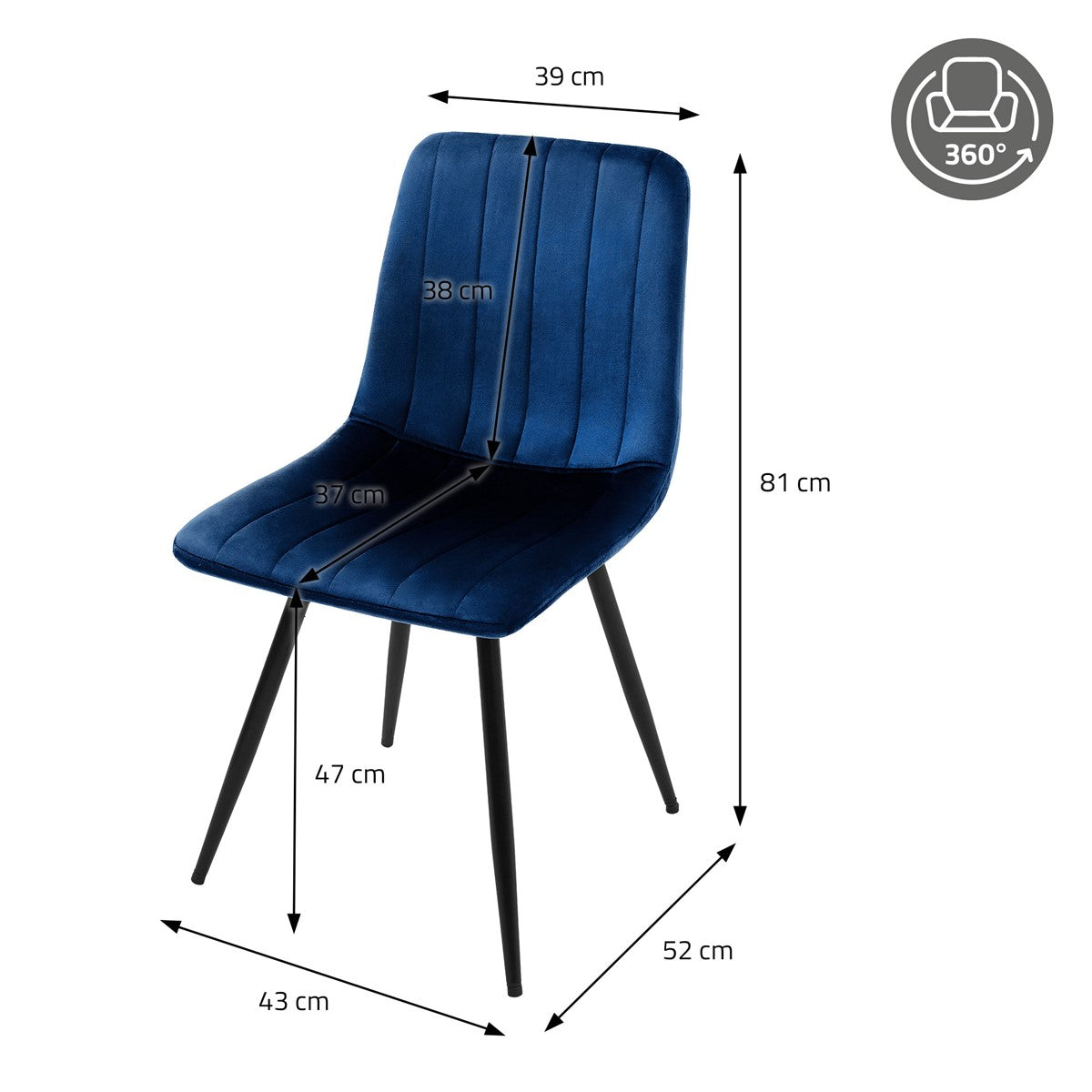 Blauwe stoel met afmetingen: 81 cm hoog, 43 cm breed en 52 cm diep; zithoogte 47 cm.