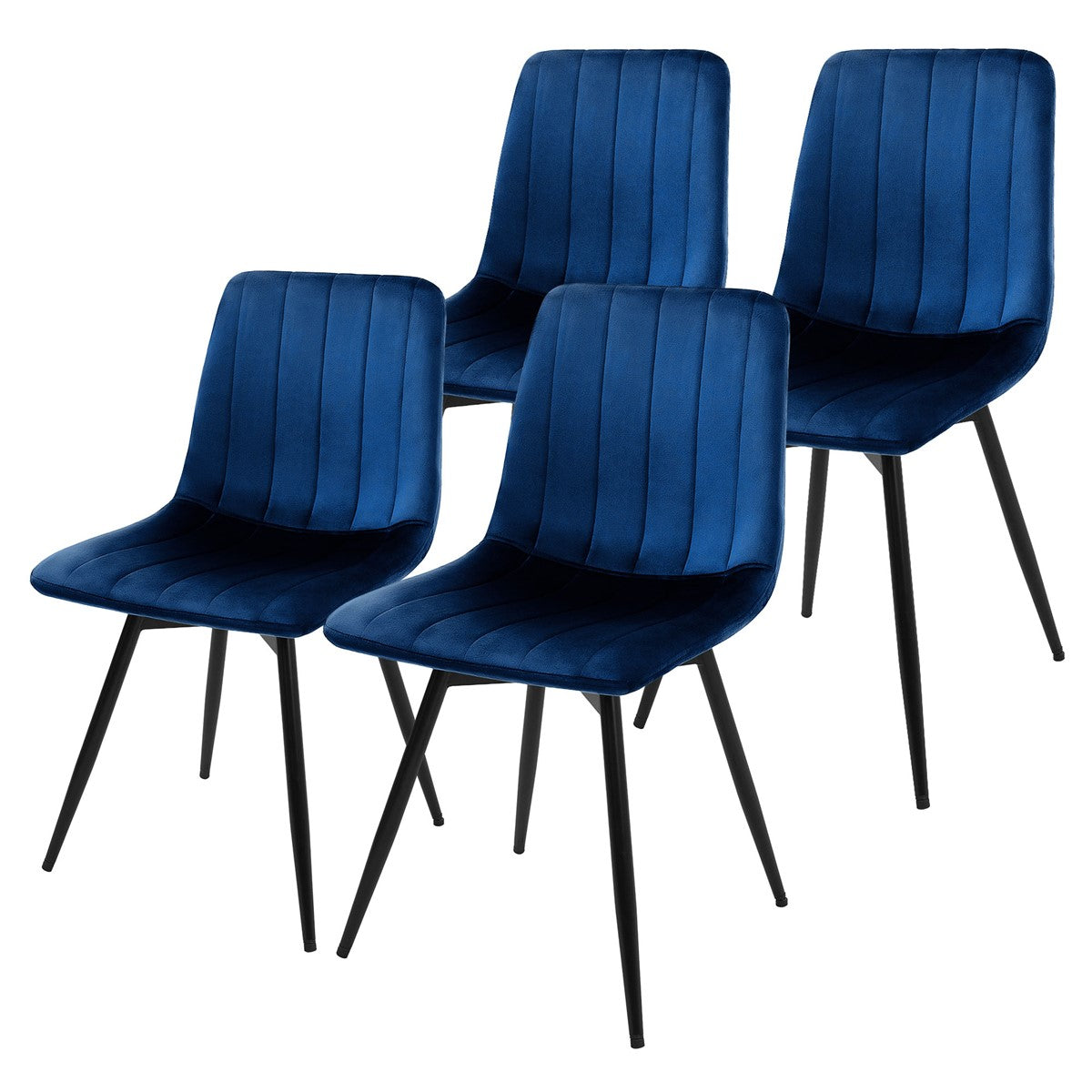 Vier blauwe gestoffeerde stoelen met in de lengterichting doorgestikte rugleuningen en zwarte poten tegen een witte achtergrond.