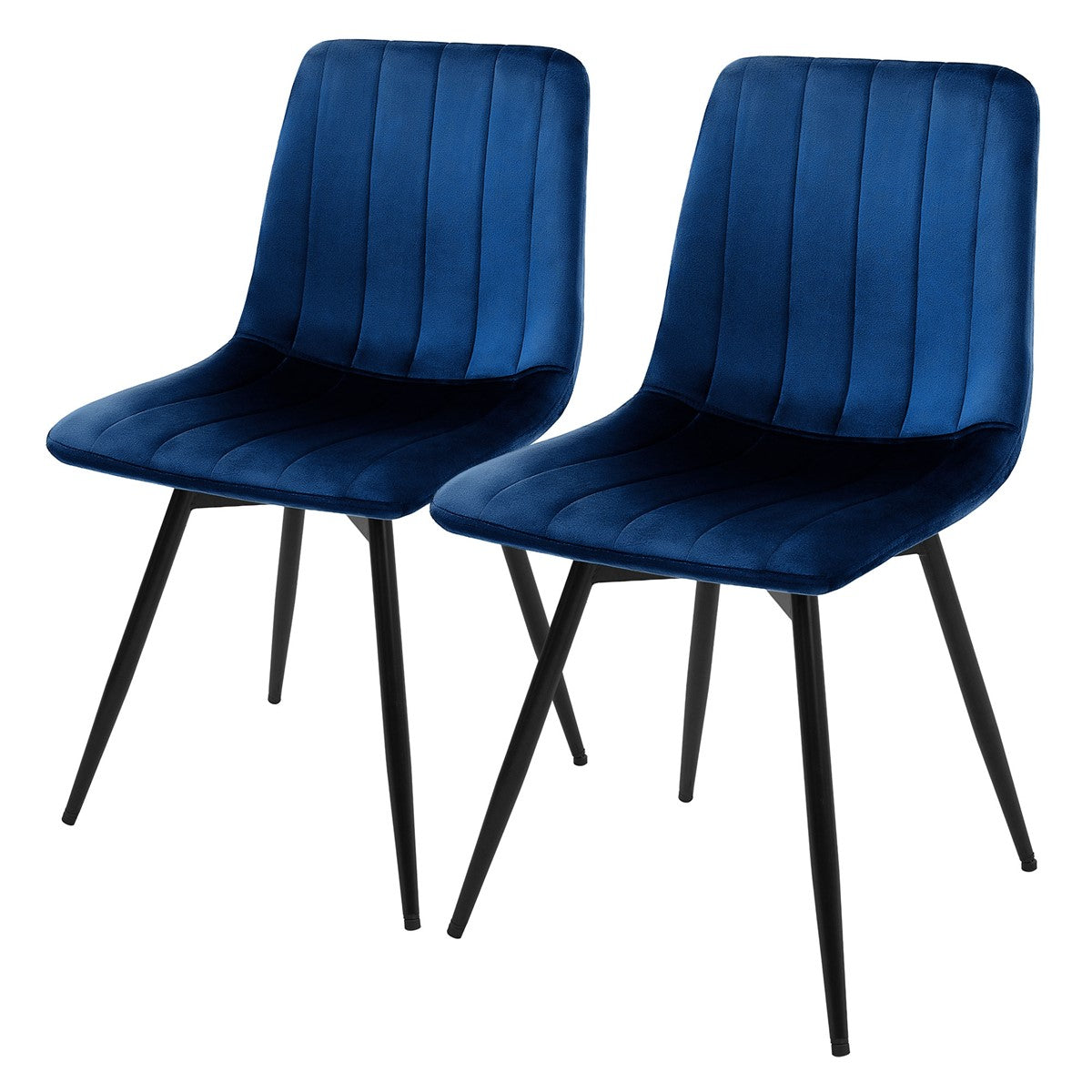 Twee blauwe gestoffeerde stoelen met verticale stiknaden en zwarte poten tegen een witte achtergrond.