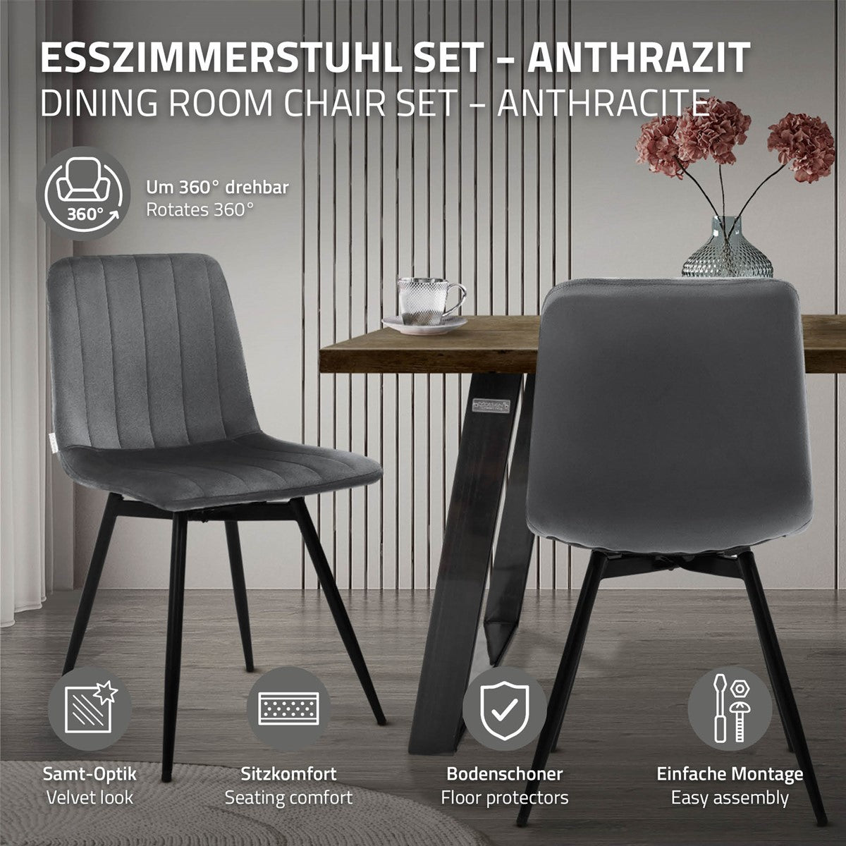 Antracietkleurige eetkamerstoel bij een tafel. De tekstkaders vermelden een fluweelachtige uitstraling, zitcomfort, vloerbeschermers, eenvoudige montage en 360° draaibaarheid.