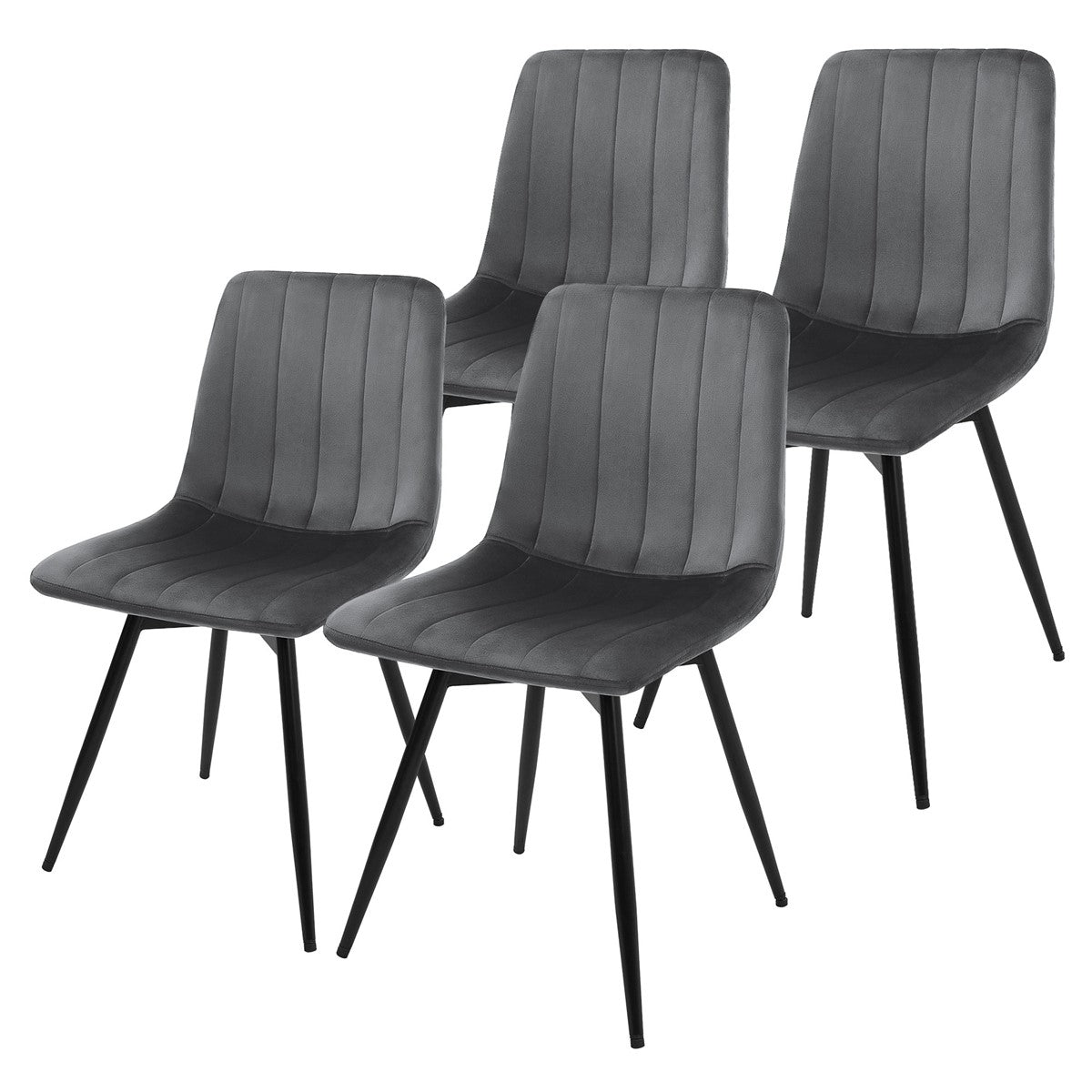 Vier donkergrijze gestoffeerde stoelen met verticale stiksels en zwarte metalen poten tegen een witte achtergrond.