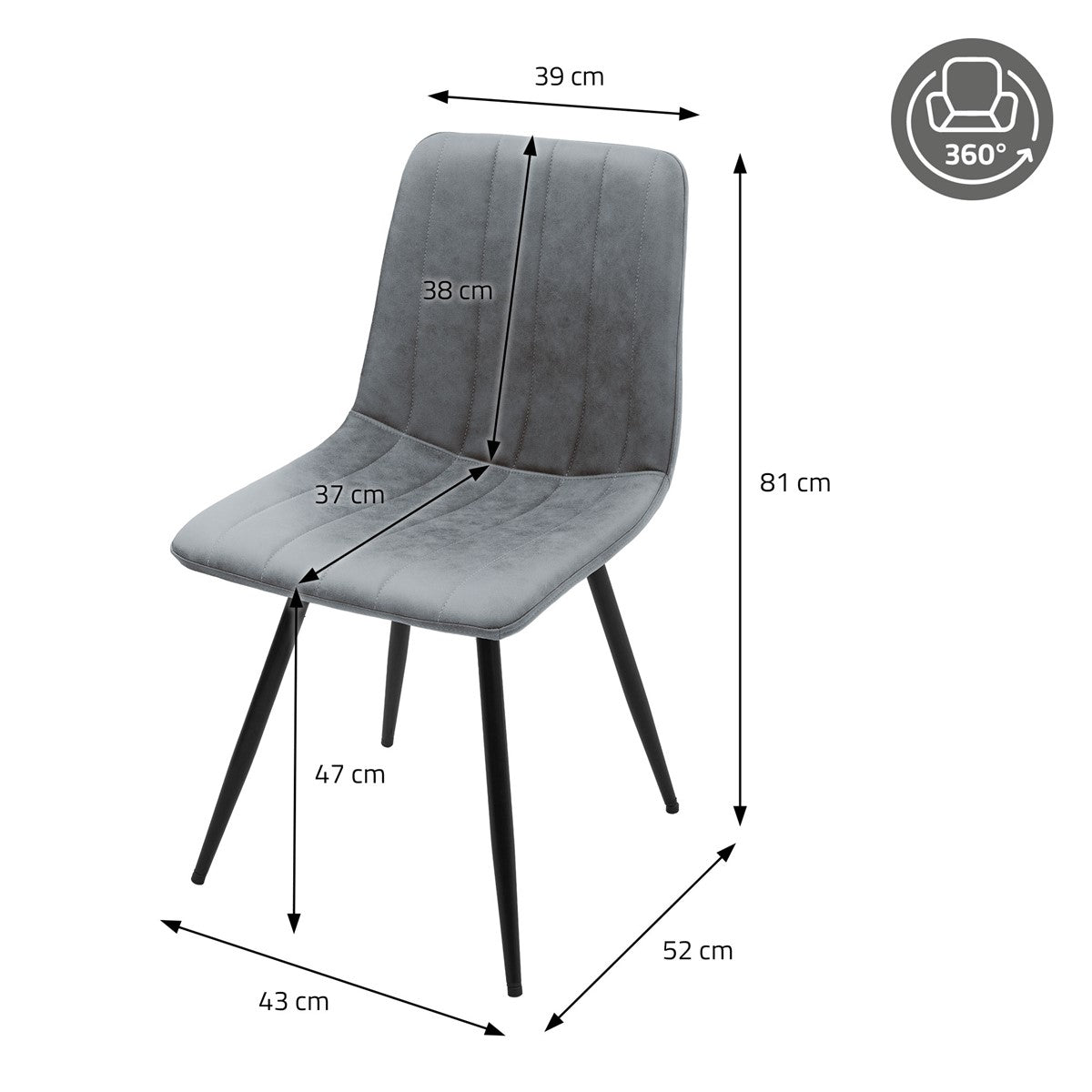 Szare krzesło do jadalni z czarnymi nogami i wymiarami: 81 cm wysokości, 43 cm szerokości i 52 cm głębokości.