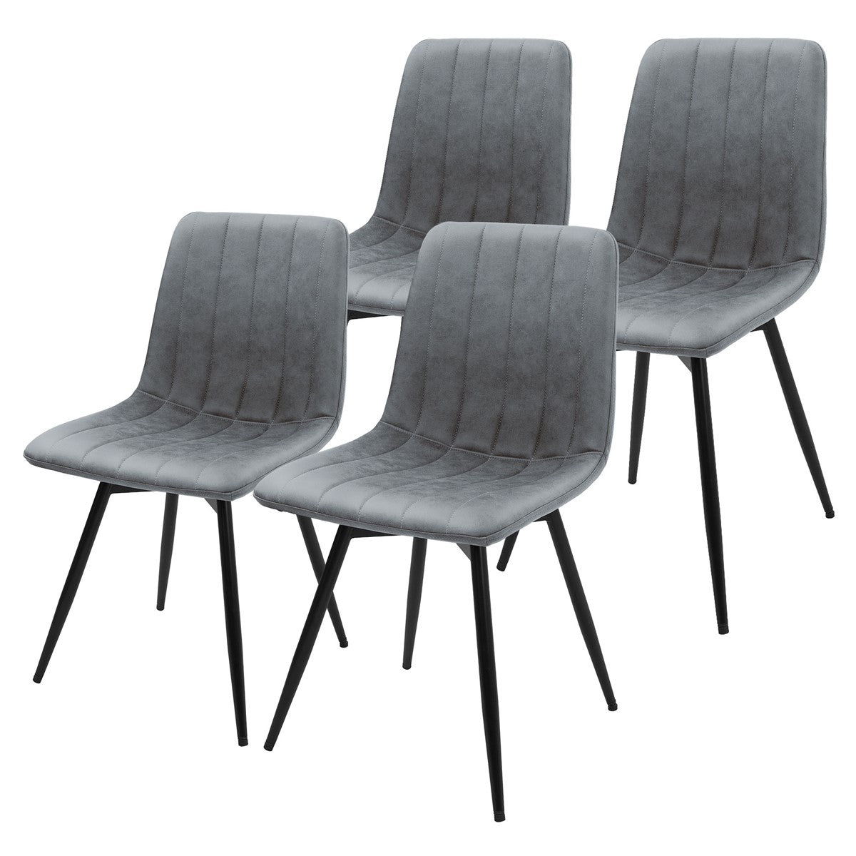 Vier grijze gestoffeerde stoelen met verticale stiksels en zwarte metalen poten tegen een witte achtergrond.