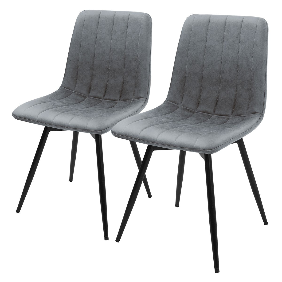 Dwa szare tapicerowane krzesła z podłużnymi przeszyciami i czarnymi metalowymi nogami na białym tle.