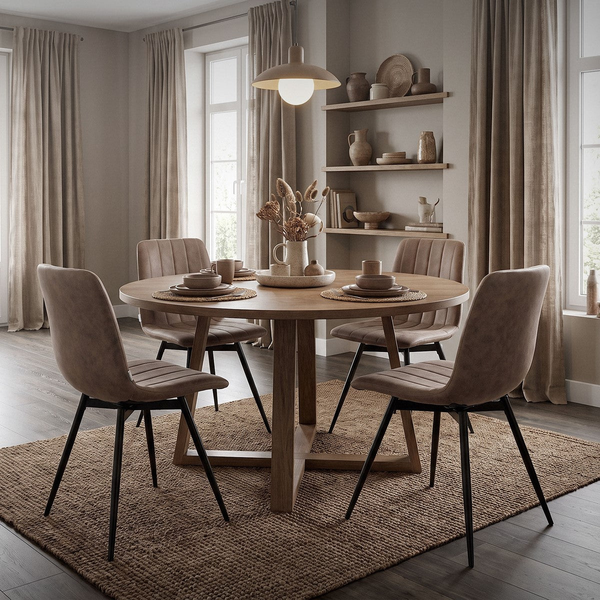 Een ronde houten tafel met vier gestoffeerde stoelen staat op een vloerkleed in een eetkamer.