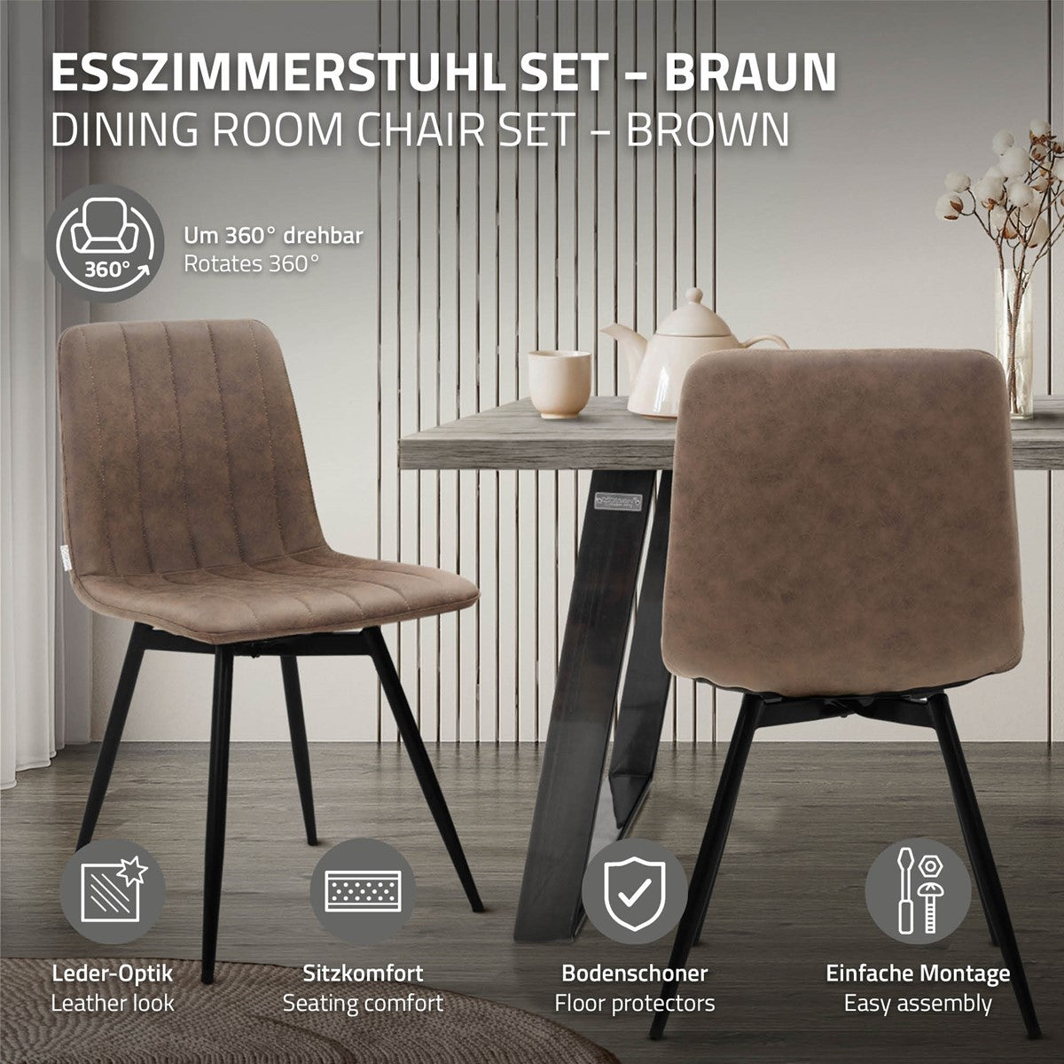 Twee bruine eetkamerstoelen bij een tafel; de aanduidingen vermelden 360° draaibaarheid, een leerlook, zitcomfort, vloerbeschermers en eenvoudige montage.