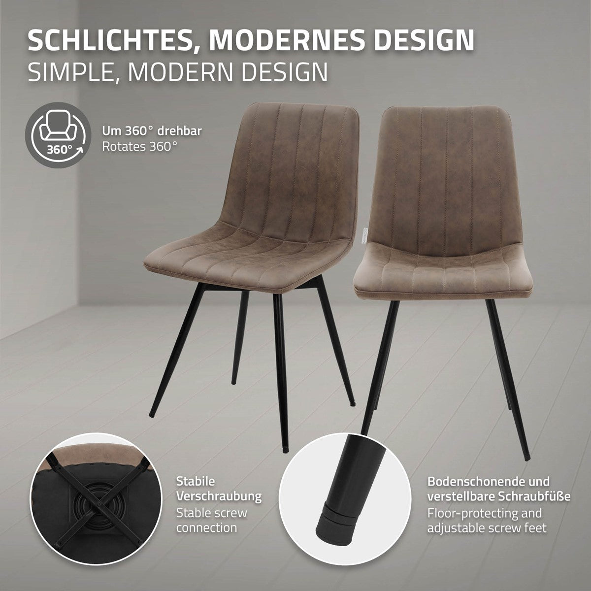Twee bruine gestoffeerde stoelen met zwarte poten; detailafbeeldingen tonen de draaifunctie, stevige schroefverbindingen en verstelbare pootdoppen.