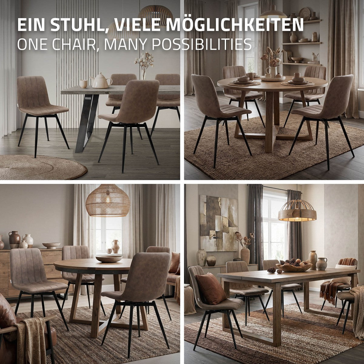 Vier woonkamerbeelden tonen bruine eetkamerstoelen aan verschillende eettafels.
