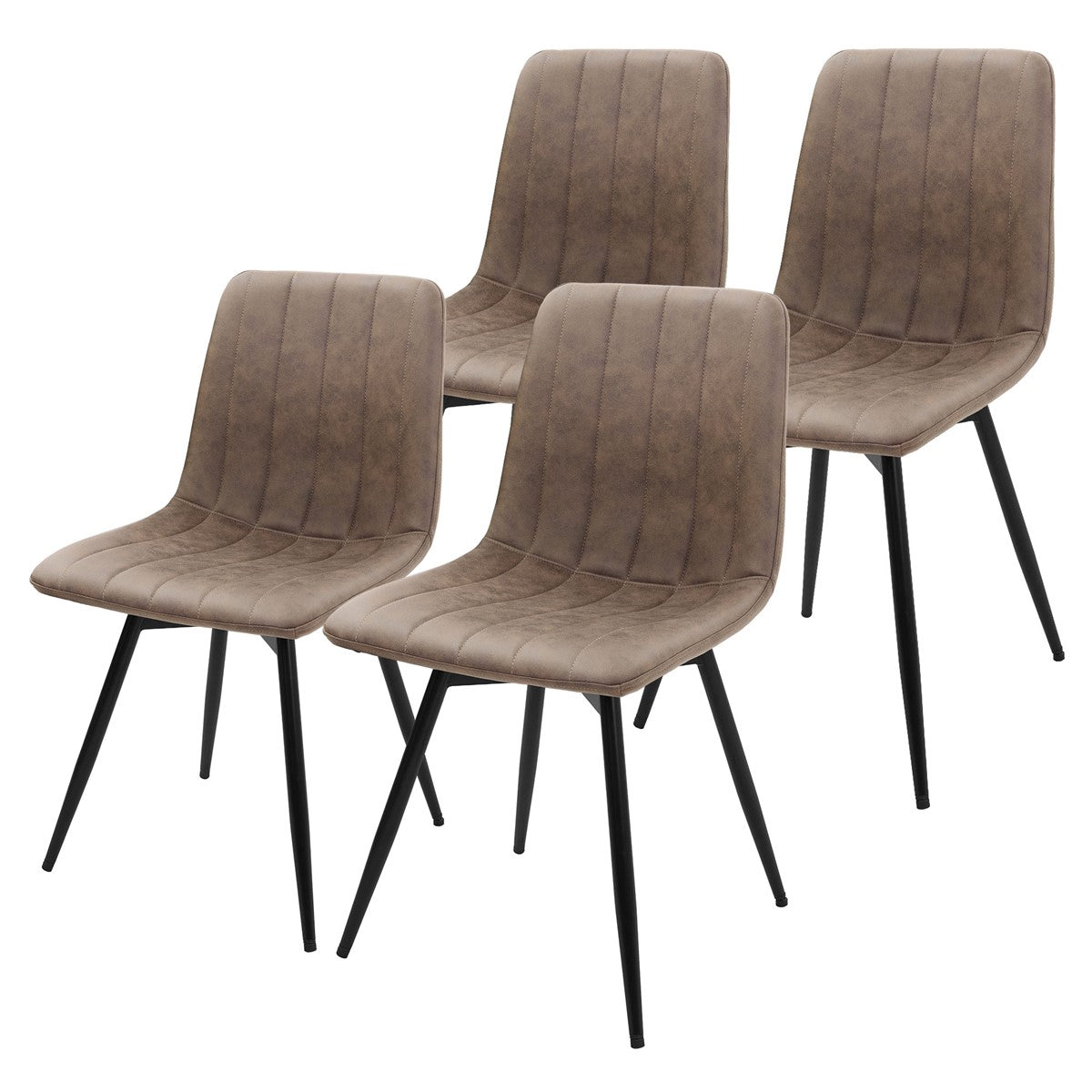 Vier bruine eetkamerstoelen met een beklede zitting en rugleuning en zwarte metalen poten op een witte achtergrond.