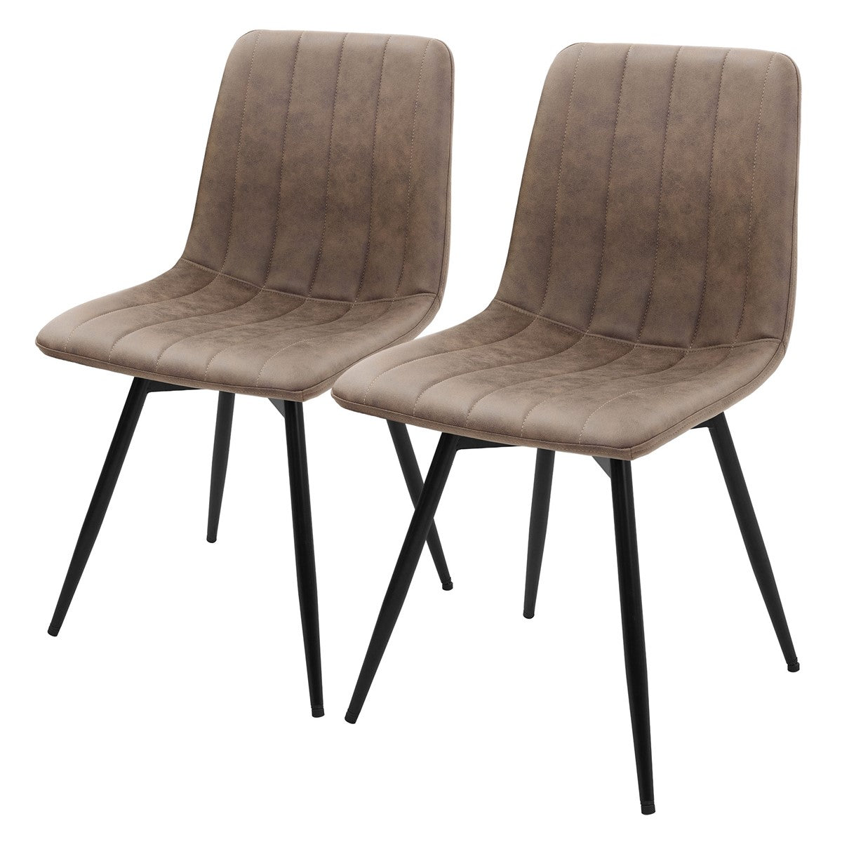 Twee bruine eetkamerstoelen met een gestoffeerde zitting en rugleuning en zwarte metalen poten.