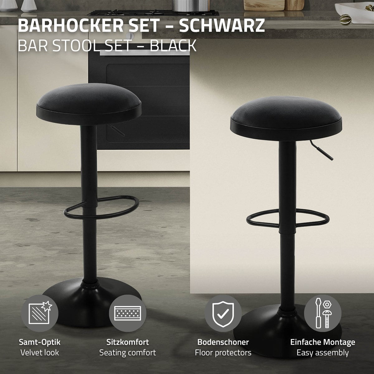 Zwei schwarze Barhocker vor einer Küche; Beschriftungen nennen Samt-Optik, Sitzkomfort, Bodenschoner und einfache Montage.