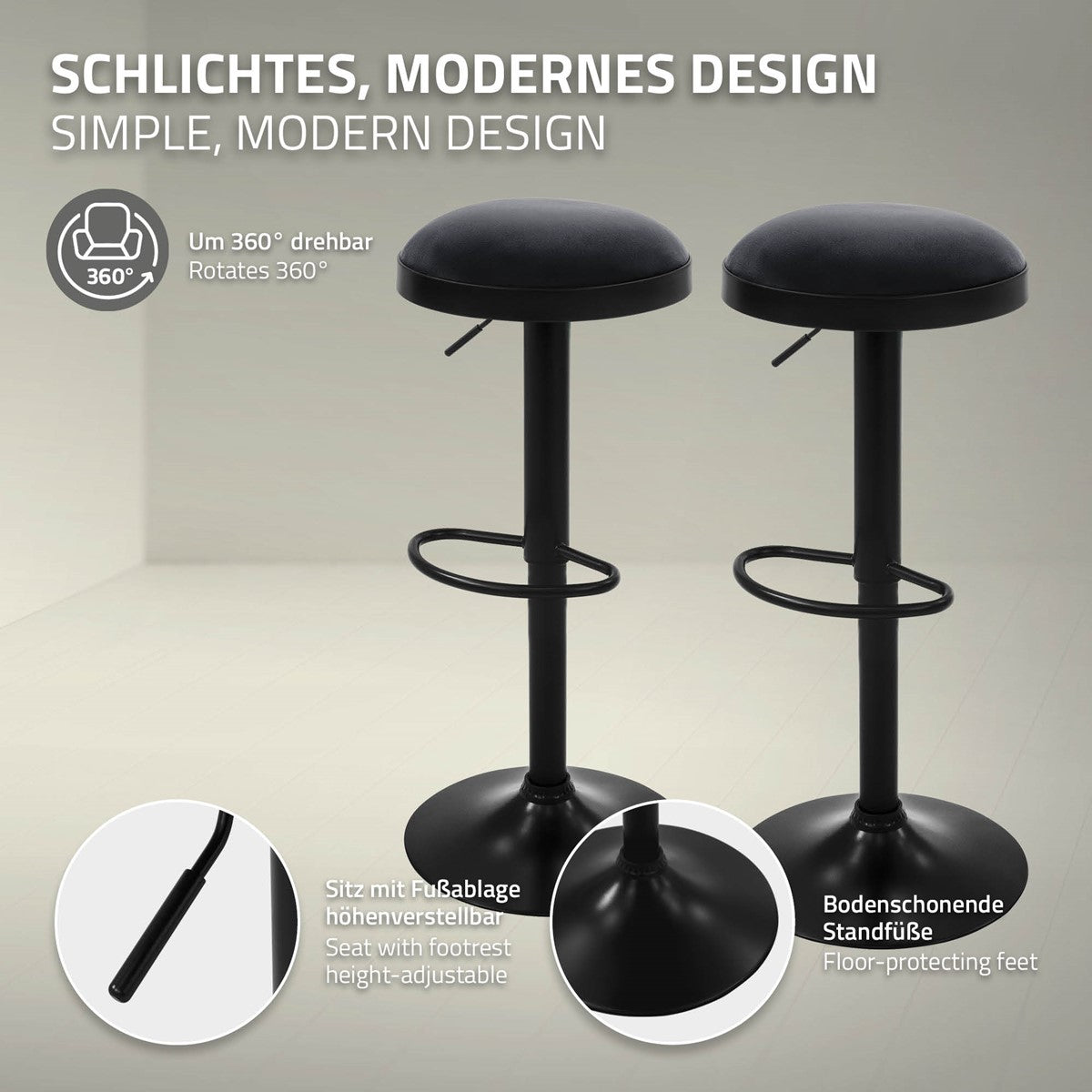Zwei schwarze höhenverstellbare Barhocker mit 360° drehbaren Sitzen, Fußstützen und bodenschonenden Standfüßen.