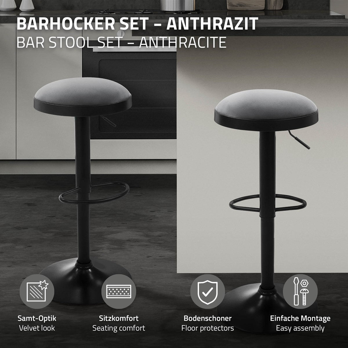 Zwei schwarze Barhocker mit runden anthrazitfarbenen Sitzen in einer Küche; Symbole weisen auf Samtoptik, Sitzkomfort, Bodenschoner und Montage hin.