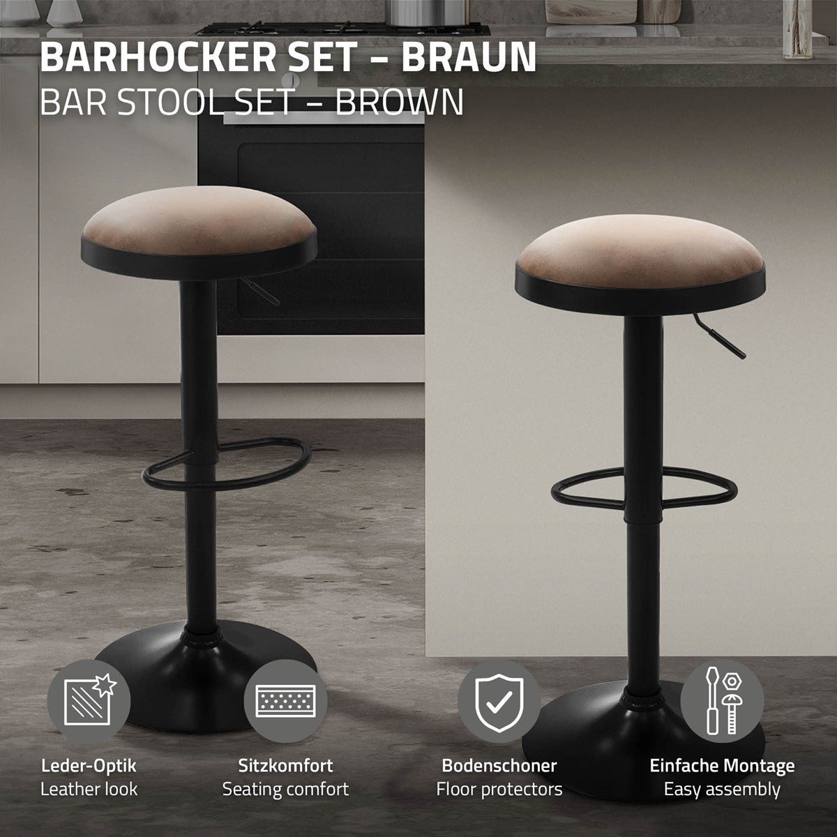 Zwei braune Barhocker mit runden, hellbraunen Sitzen, schwarzen Gestellen und Fußringen; darunter vier Symbole mit Beschriftungen.