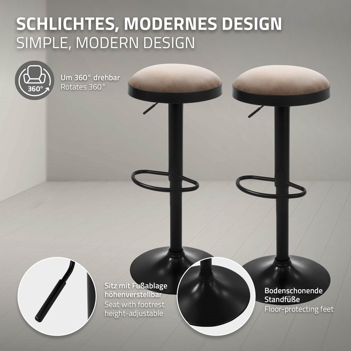 Zwei schwarze Barhocker mit beigen Sitzen; Hinweise zeigen 360°-Drehfunktion, höhenverstellbare Fußstütze und bodenschonende Füße.