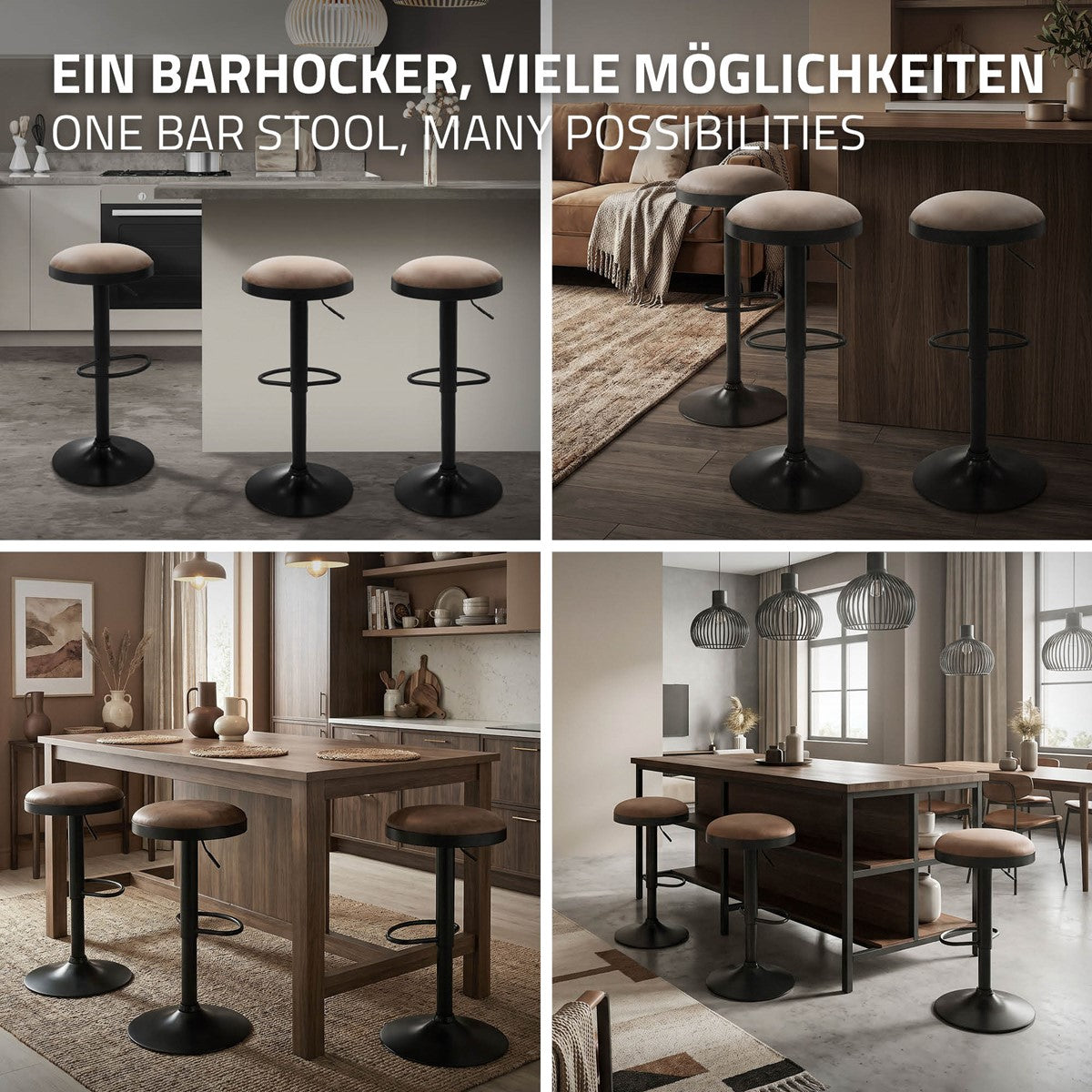Vier Wohnraumszenen mit schwarzen Barhockern und Sitzflächen in verschiedenen Brauntönen.