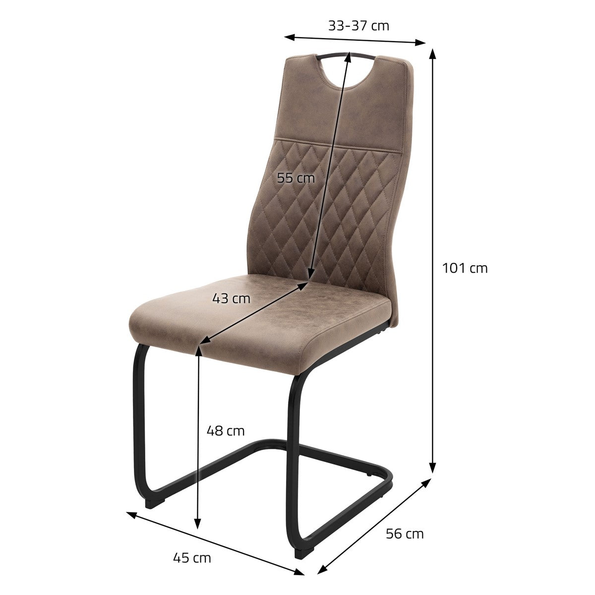 Brauner Freischwingerstuhl mit Rautensteppung und Maßangaben: 101 cm hoch, Sitzhöhe 48 cm, Sitzfläche 45 × 43 cm.