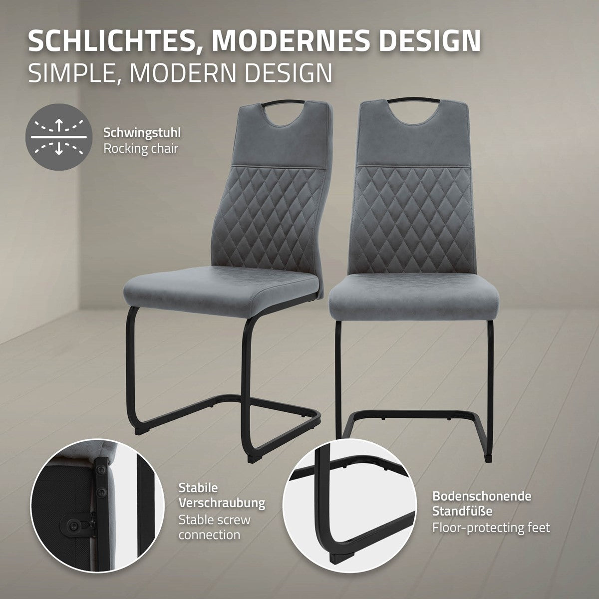 Zwei graue Freischwingerstühle mit Rautensteppung; Detailkreise zeigen die Schraubverbindung und die bodenschonenden Standfüße.