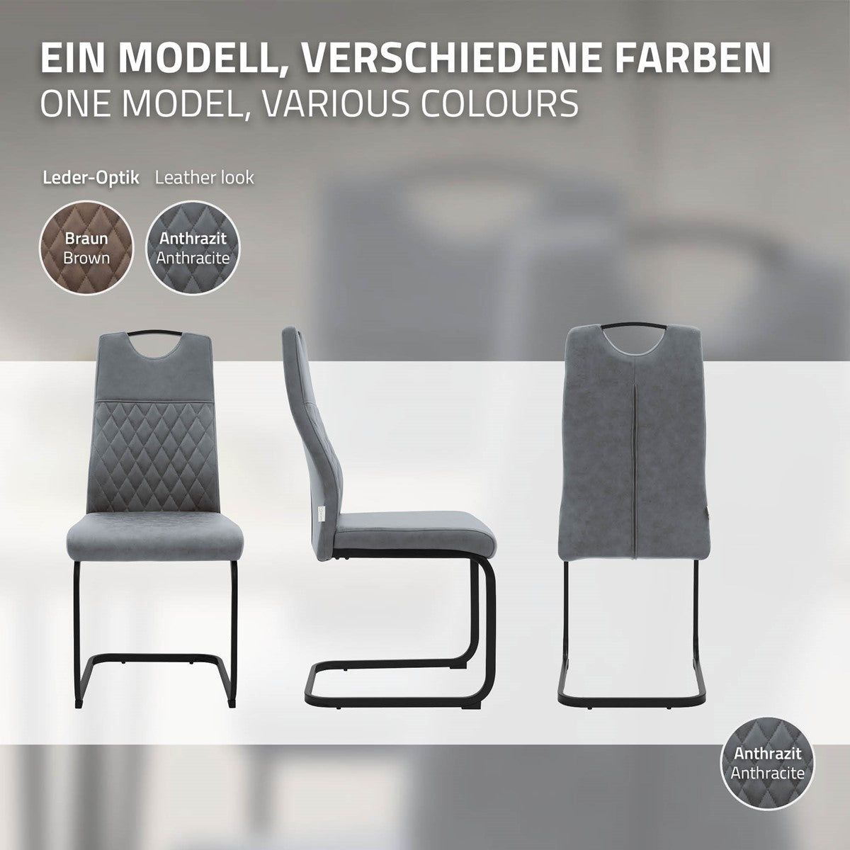 Grauer Stuhl in Vorder-, Seiten- und Rückansicht; Hinweise zeigen Lederoptik und die Farbvarianten Braun und Anthrazit.