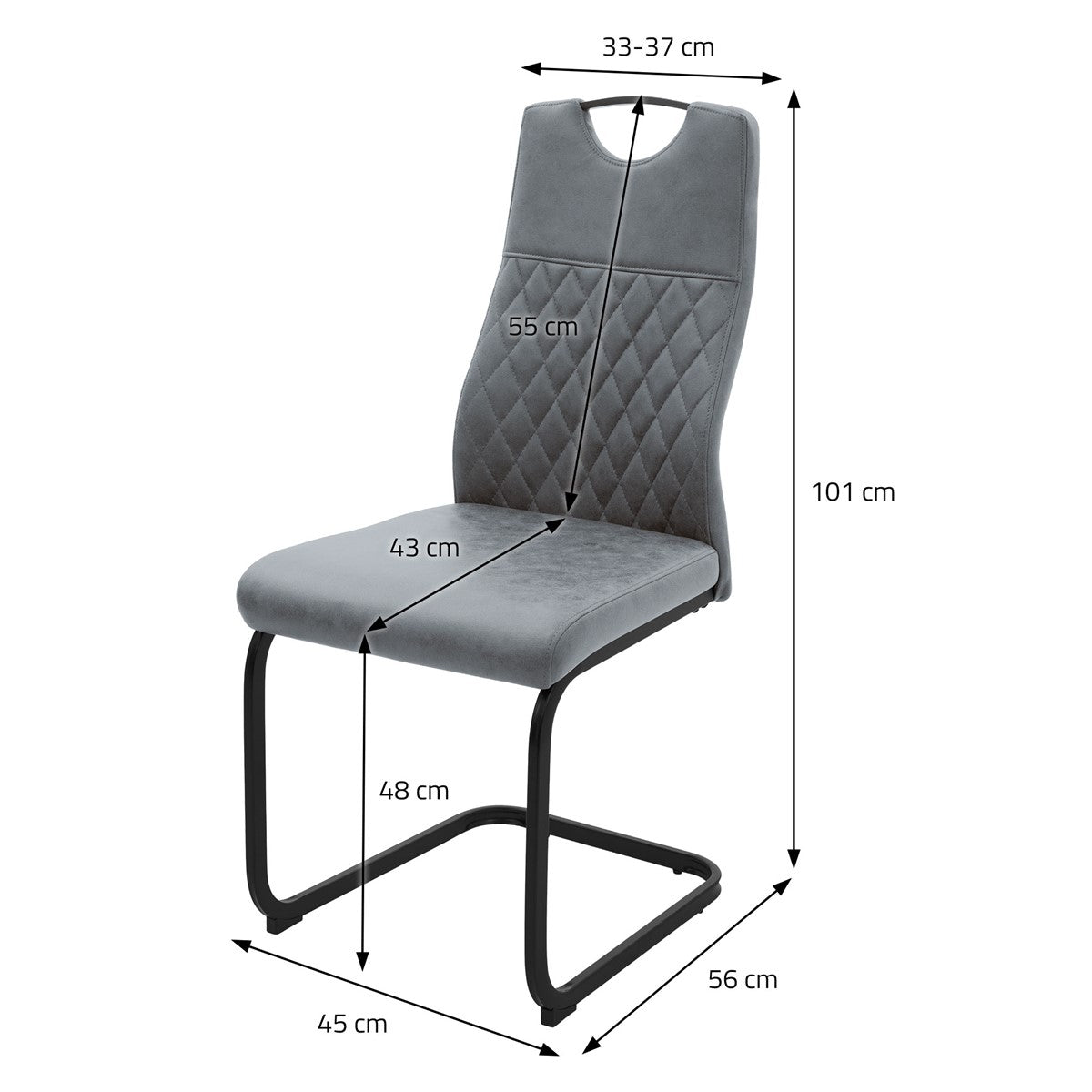 Grauer Freischwinger mit Maßangaben: Höhe 101 cm, Sitzhöhe 48 cm, Breite 45 cm, Tiefe 56 cm.