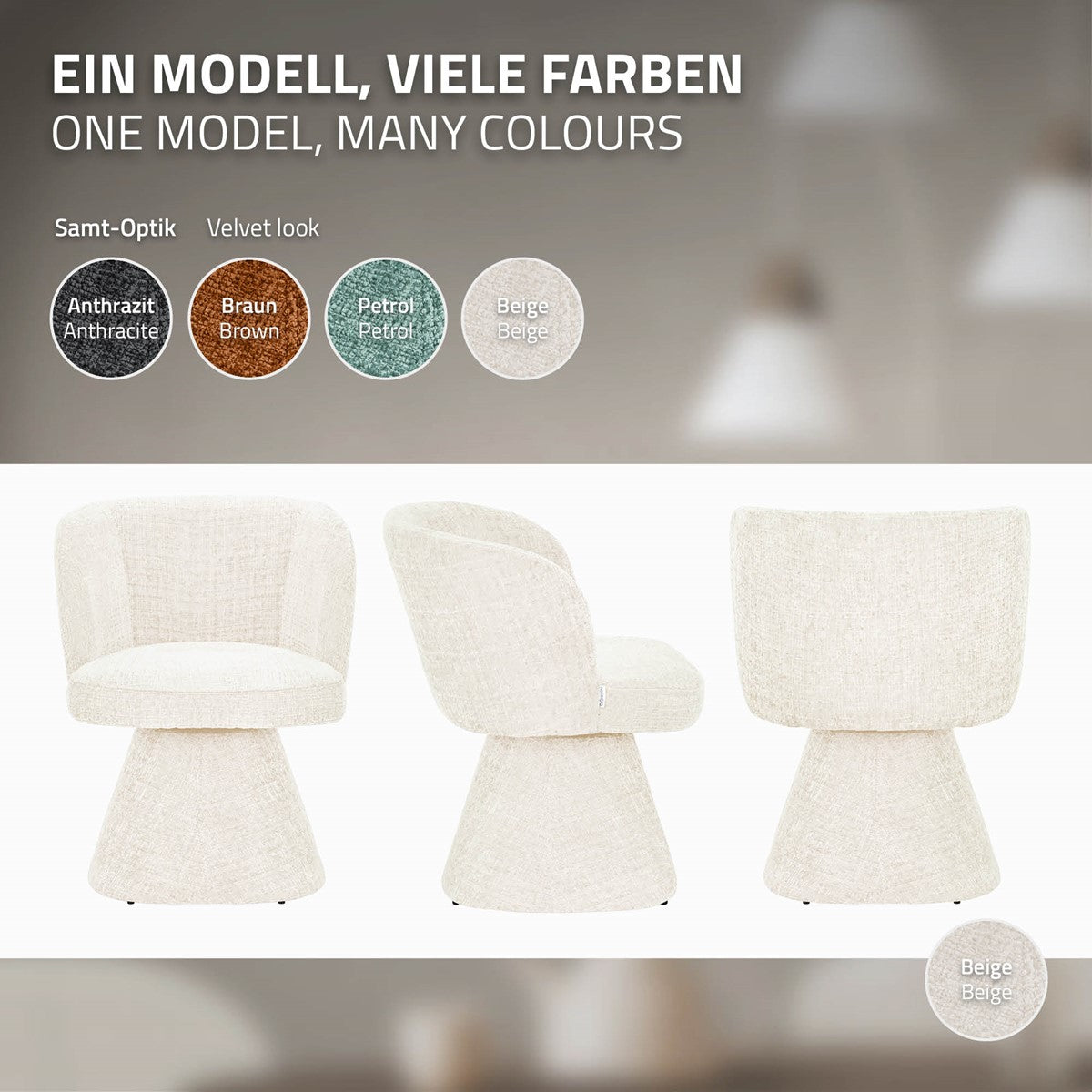 Drei Ansichten eines beigen Stuhls sowie Farbmuster in Anthrazit, Braun, Petrol und Beige.