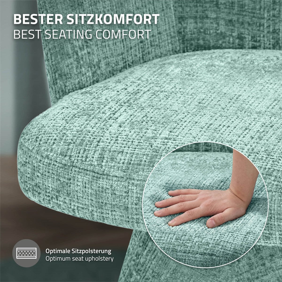 Nahaufnahme eines türkisfarbenen Stuhlsitzes; eine Hand drückt auf das Polster. Text: „Bester Sitzkomfort“.