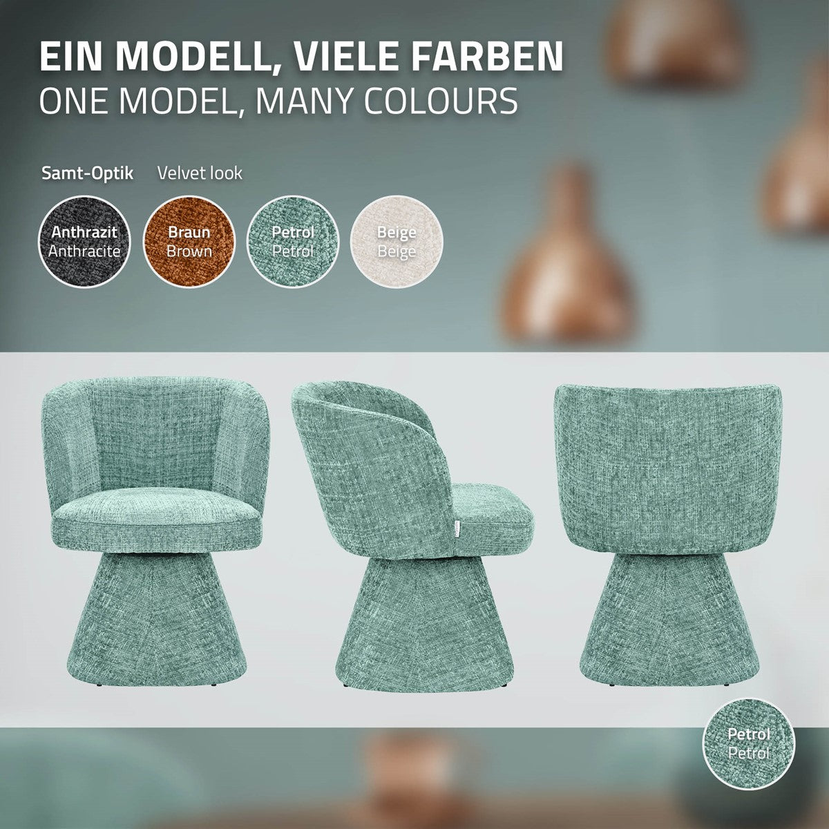 Drei Ansichten eines petrolfarbenen Drehstuhls; Farbmuster zeigen Anthrazit, Braun, Petrol und Beige.