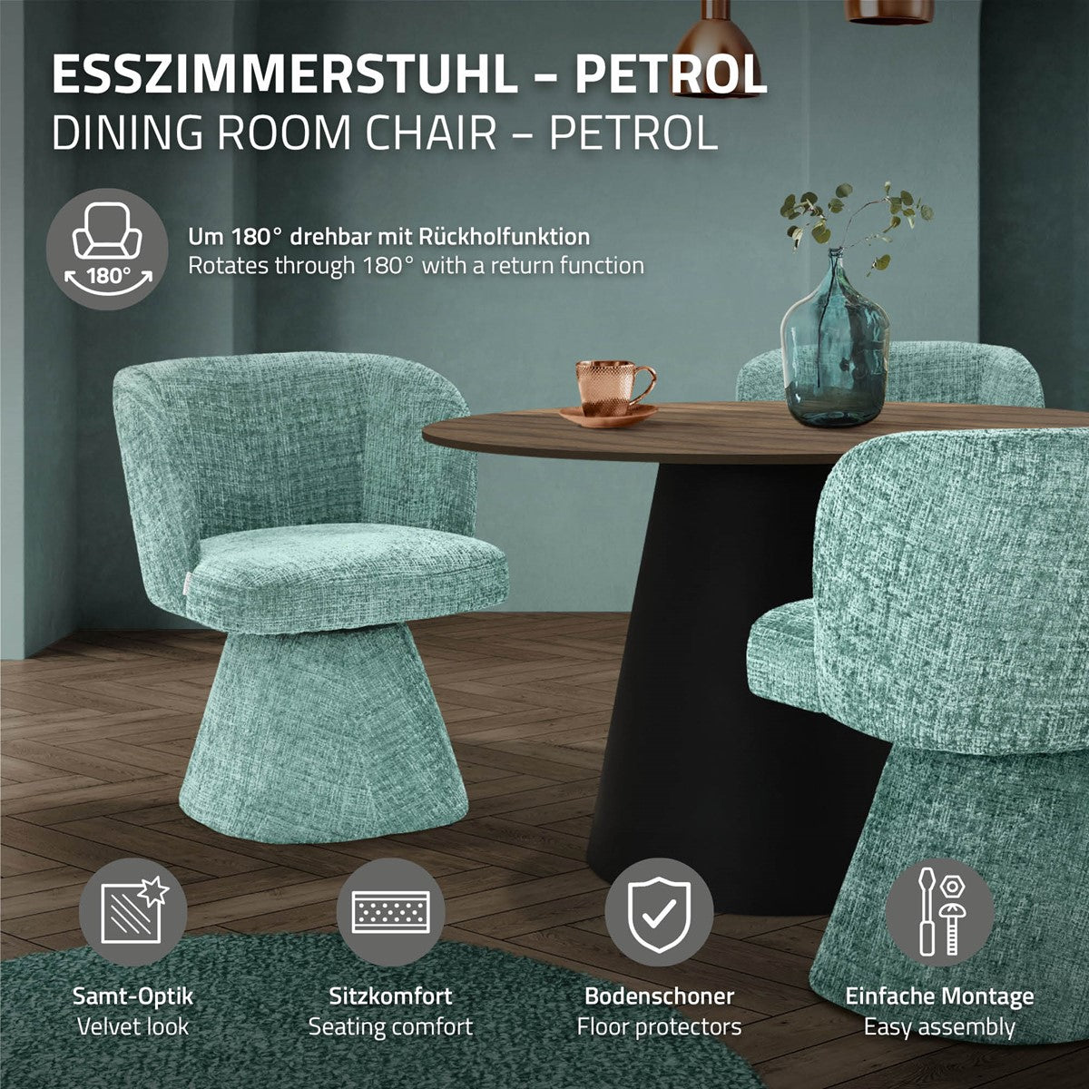 Petrolfarbener Esszimmerstuhl mit 180°-Drehfunktion neben einem Tisch; Symbole weisen auf Samtoptik, Sitzkomfort, Bodenschoner und einfache Montage hin.