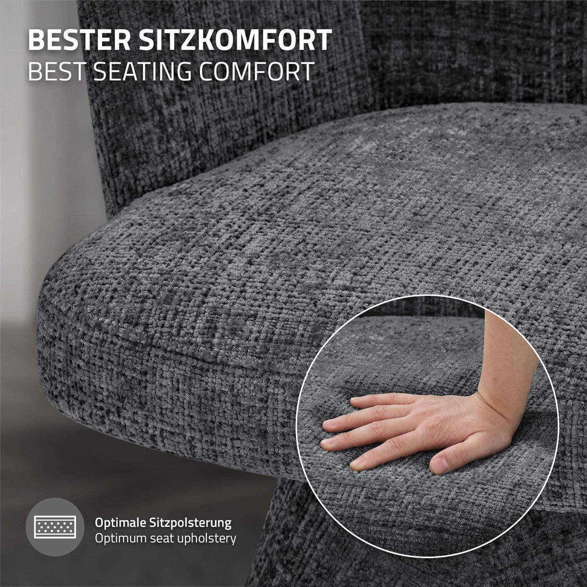 Grauer Stuhl mit gepolsterter Sitzfläche; eine Hand drückt auf den Stoff. Text: „Bester Sitzkomfort“ und „Optimale Sitzpolsterung“.