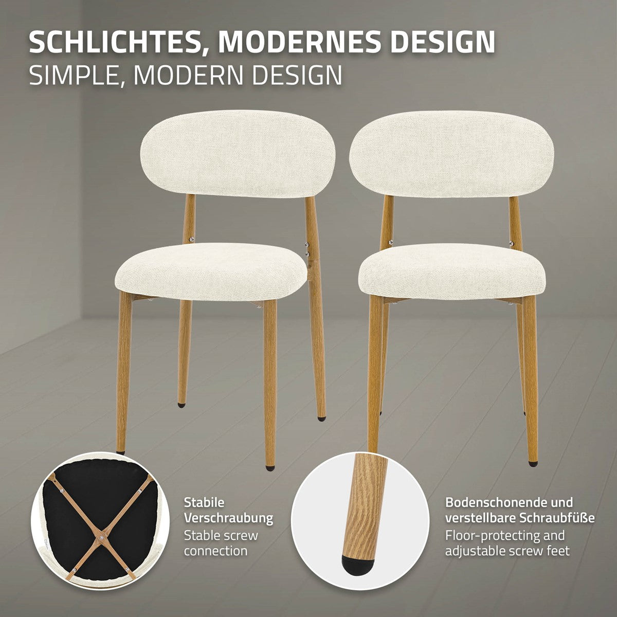 Zwei helle Esszimmerstühle mit Holzbeinen; Detailbilder zeigen die Verschraubung und verstellbare Fußkappen.