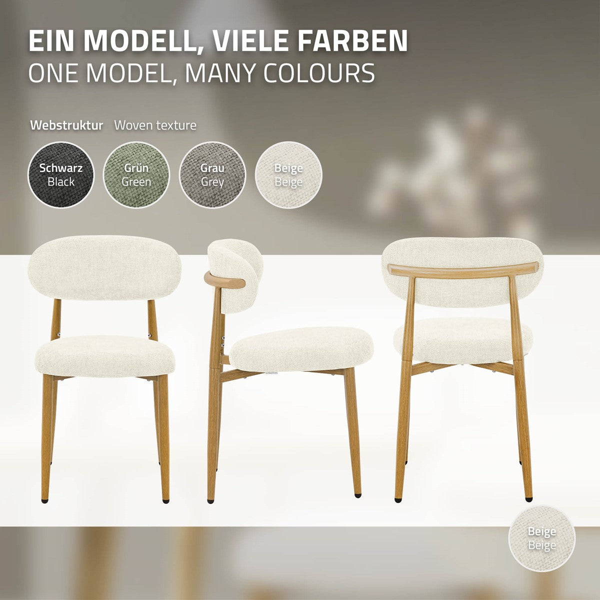 Drei Ansichten eines cremefarben gepolsterten Stuhls mit Holzgestell. Farbmuster zeigen Schwarz, Grün, Grau und Beige.