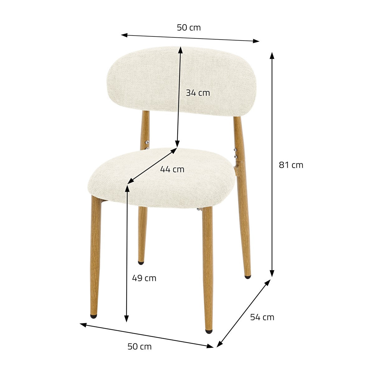 Beiger Polsterstuhl mit Maßangaben: 81 cm hoch, 50 cm breit und 54 cm tief.