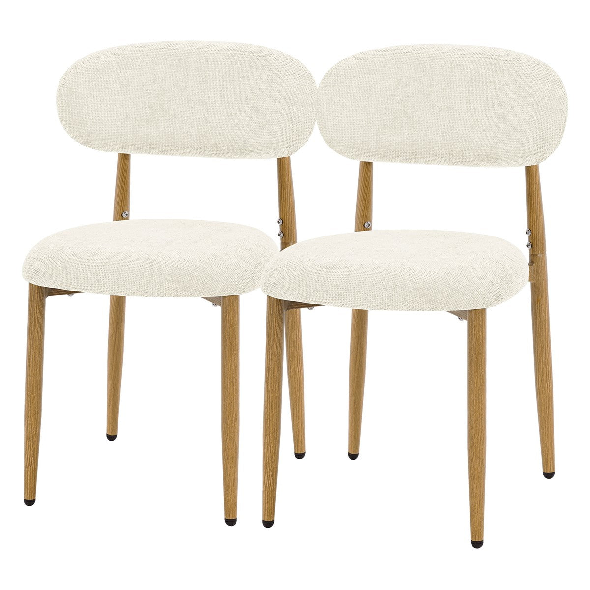 Zwei cremeweiße Polsterstühle mit abgerundeten Rückenlehnen und Sitzflächen sowie Beinen aus hellem Holz.