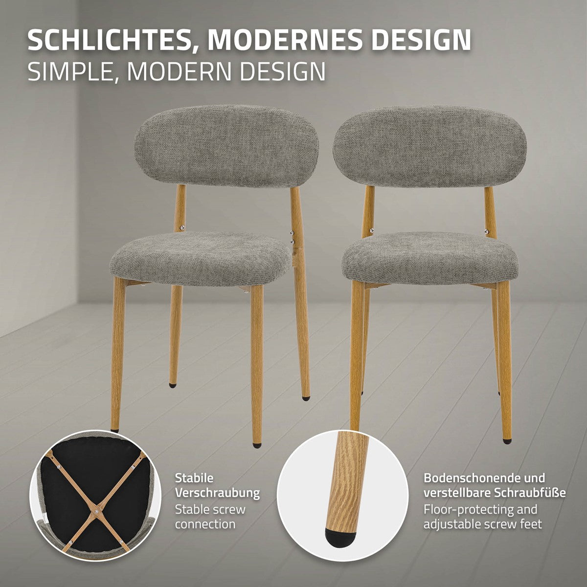 Zwei graue Polsterstühle mit Holzbeinen; Detailbilder zeigen die Schraubverbindung und verstellbare, bodenschonende Stuhlfüße.