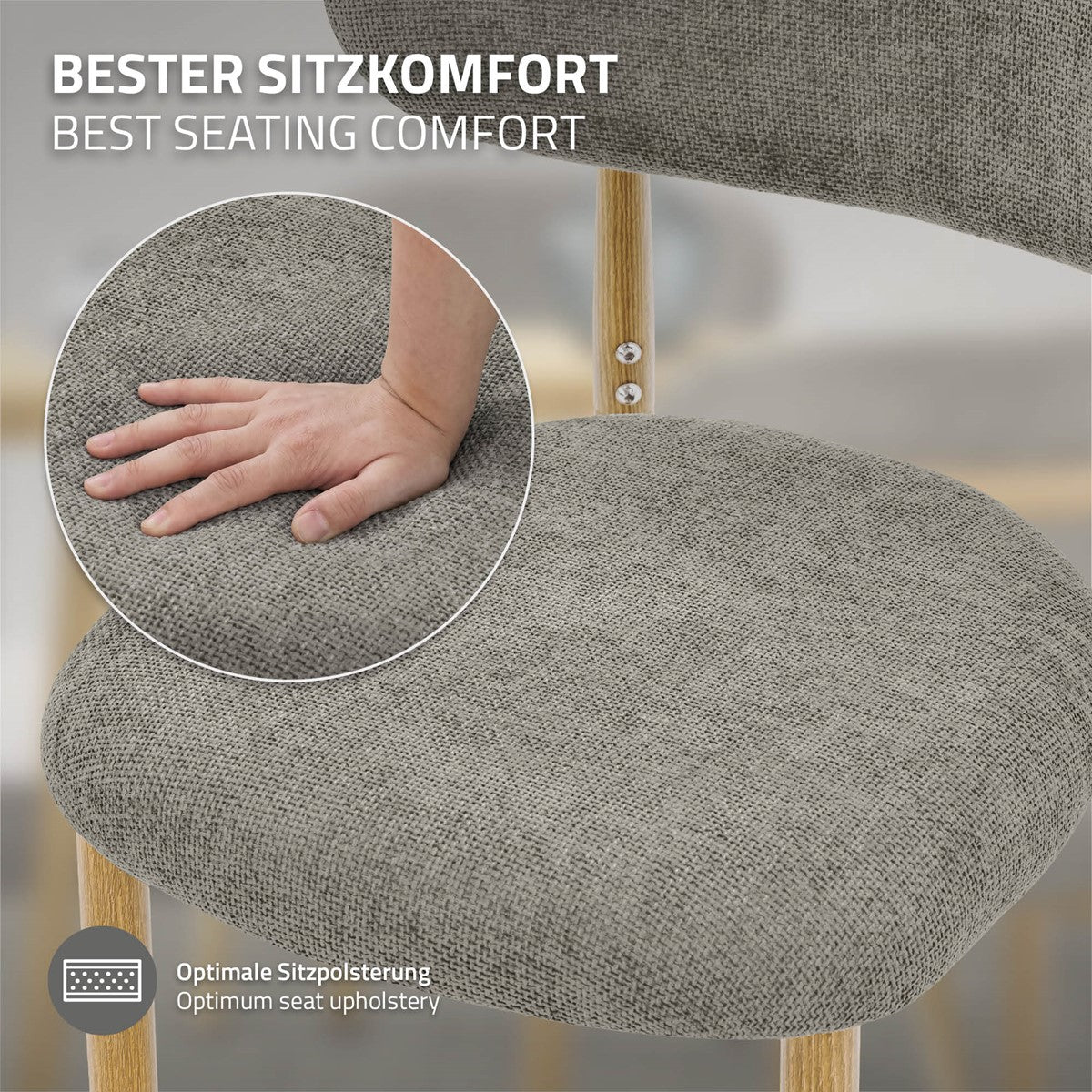 Nahaufnahme eines grauen Stuhlpolsters mit einer Hand, daneben Text „Bester Sitzkomfort“ und „Optimale Sitzpolsterung“.