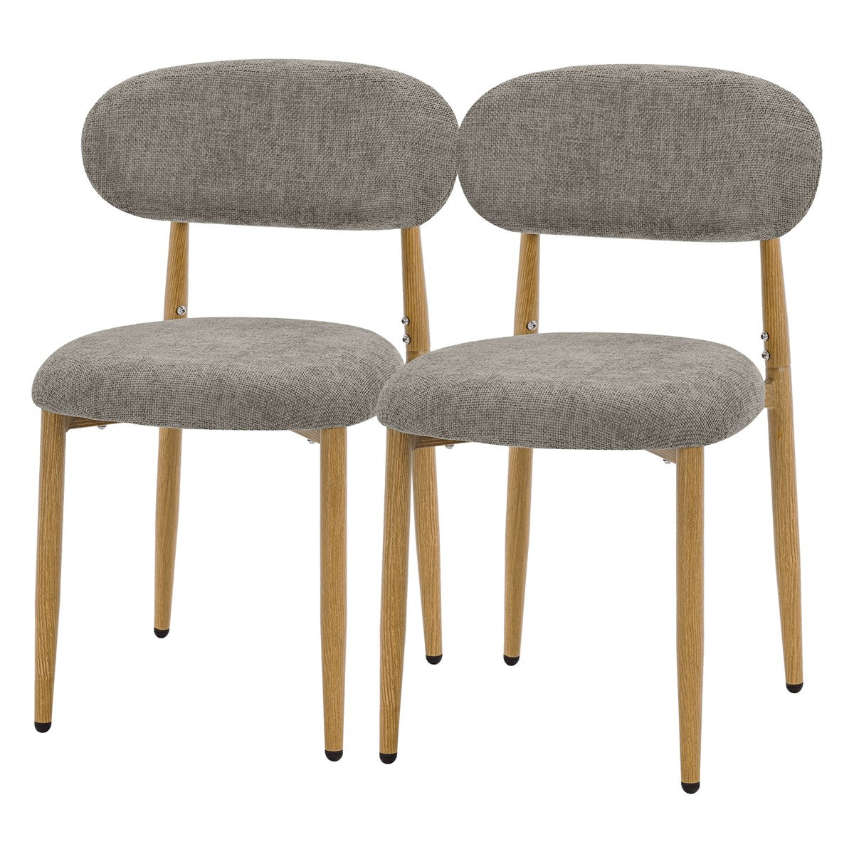 Zwei graubraun gepolsterte Stühle mit abgerundeten Rückenlehnen und Sitzflächen sowie Beinen aus hellem Holz.