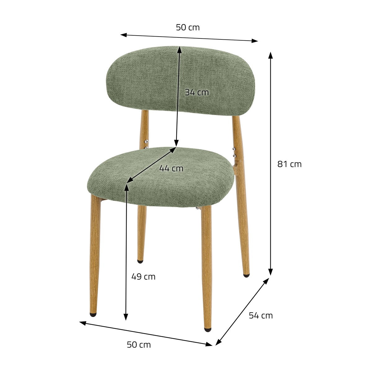 Grüner Polsterstuhl mit Maßangaben: 50 cm breit, 81 cm hoch und 54 cm tief.