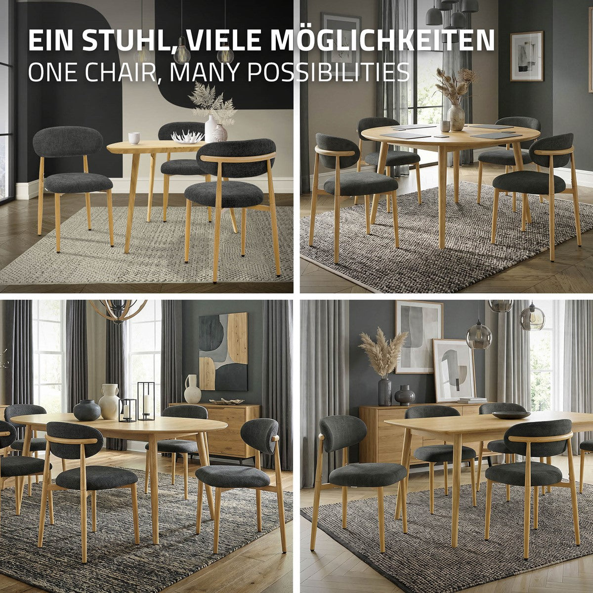 Vier Wohnraumszenen mit dunkelgrauen Stühlen und runden Holztischen; Überschrift: „Ein Stuhl, viele Möglichkeiten“.