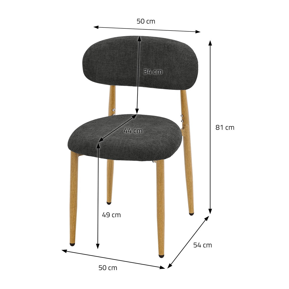 Dunkelgrauer Polsterstuhl mit Holzbeinen und Maßangaben: 50 cm breit, 54 cm tief, 81 cm hoch; Sitzhöhe 49 cm.