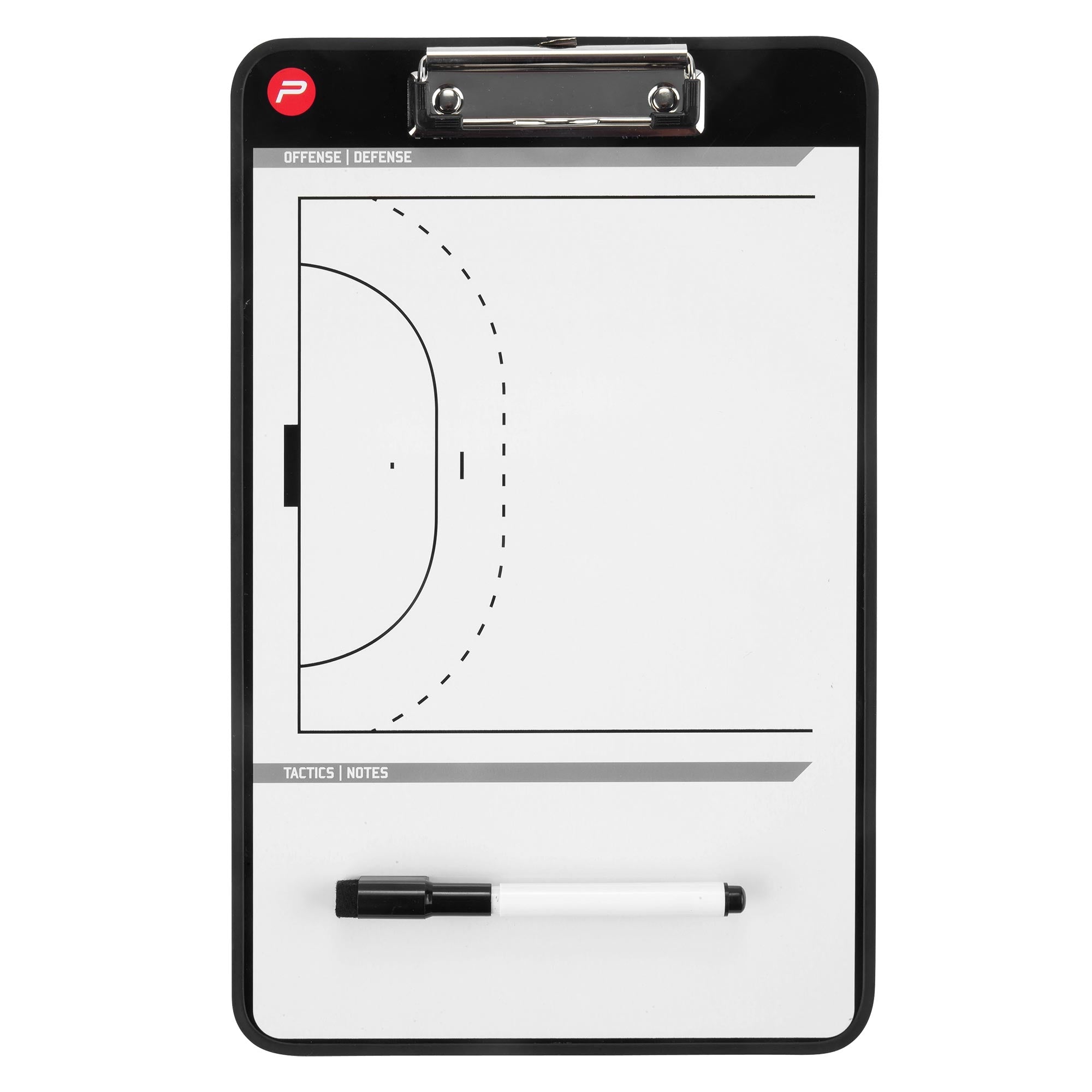 Et taktikboard med et basketballfelt og en pen.