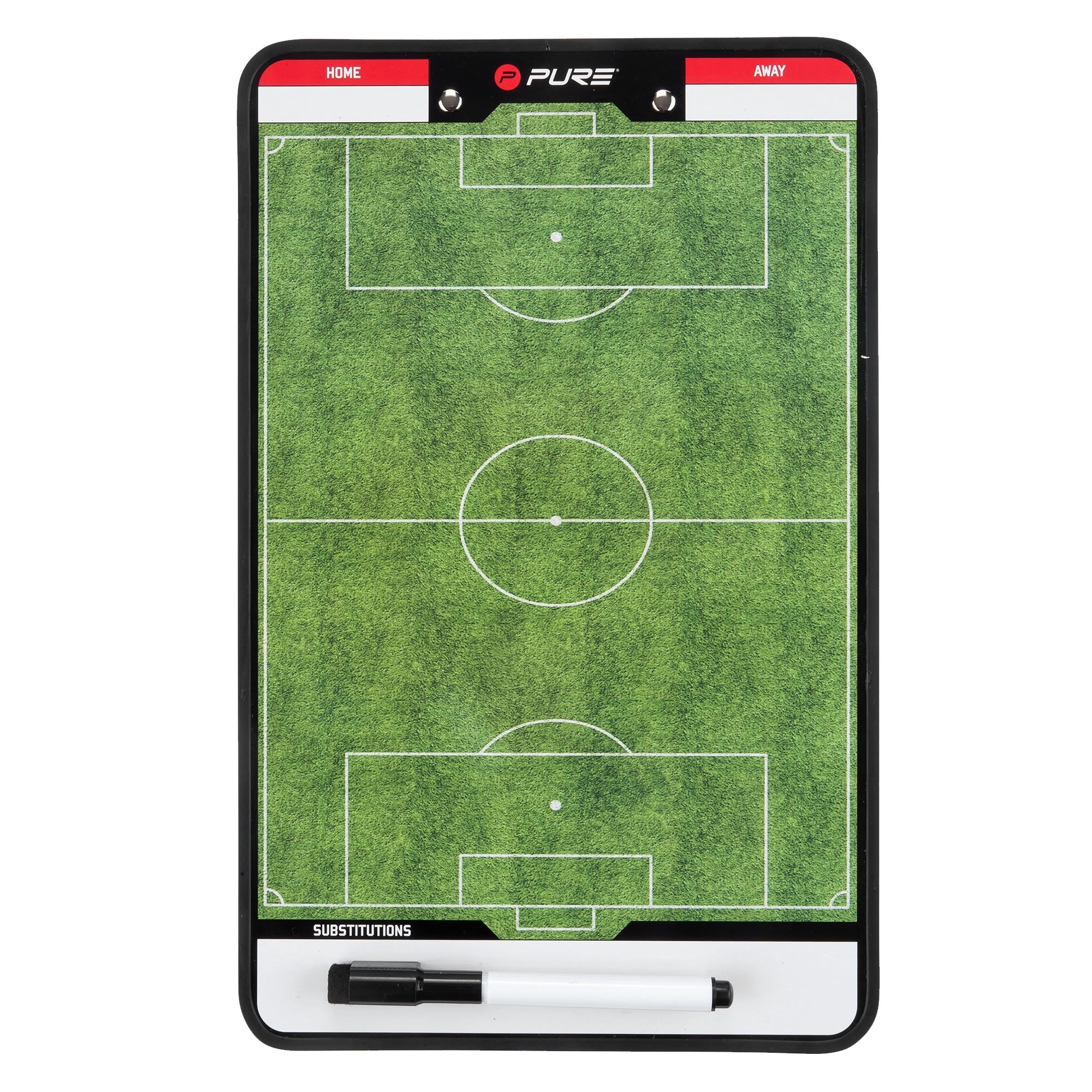 Leere Taktiktafel mit Fußballfeld und Platz für Notizen.