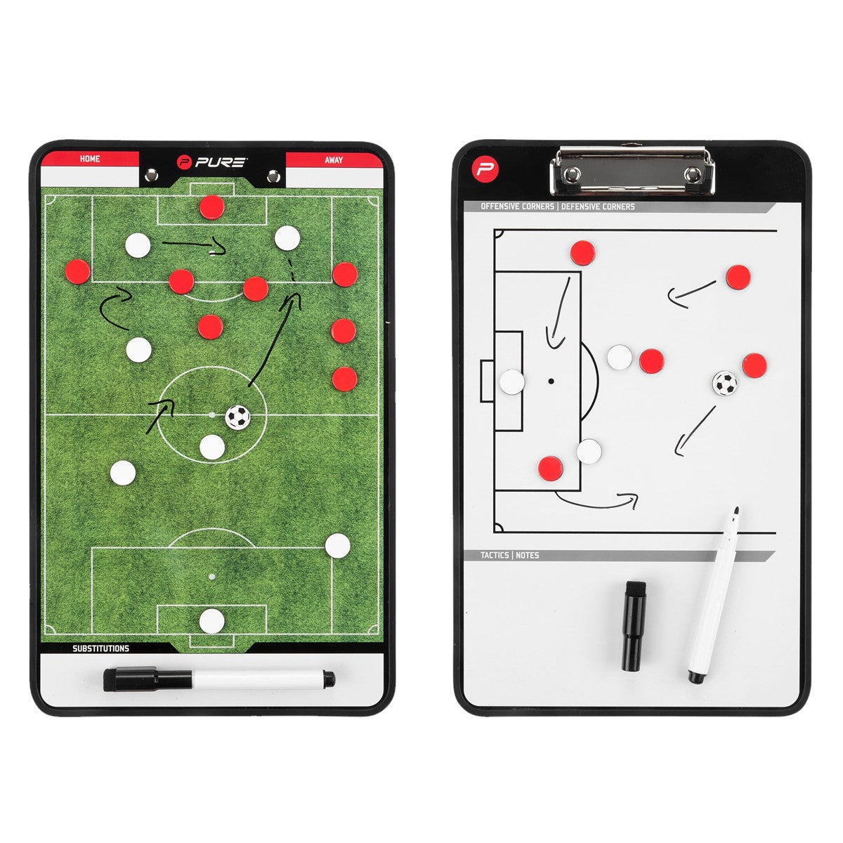 Tactics board with a football pitch, red and white playing pieces, and arrows.