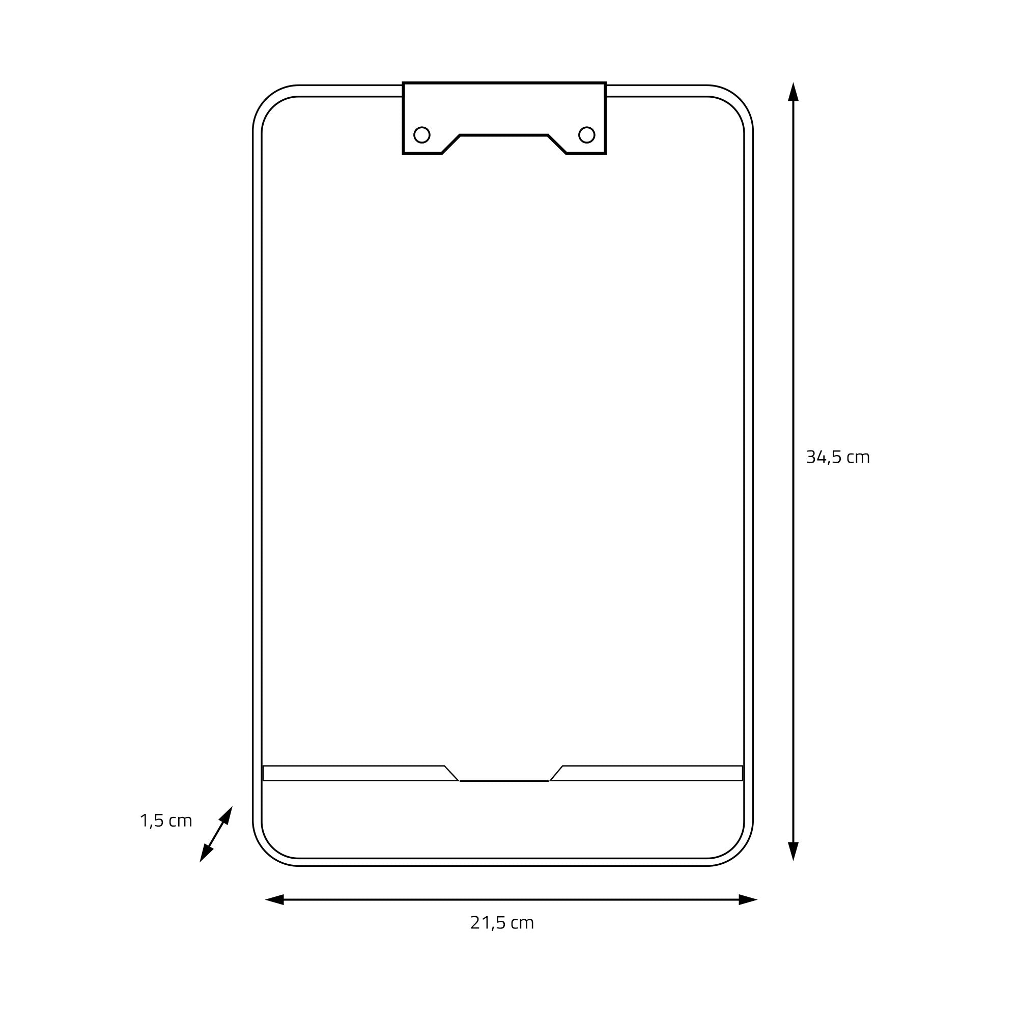 Technische Zeichnung eines Clipboards mit Maßen.