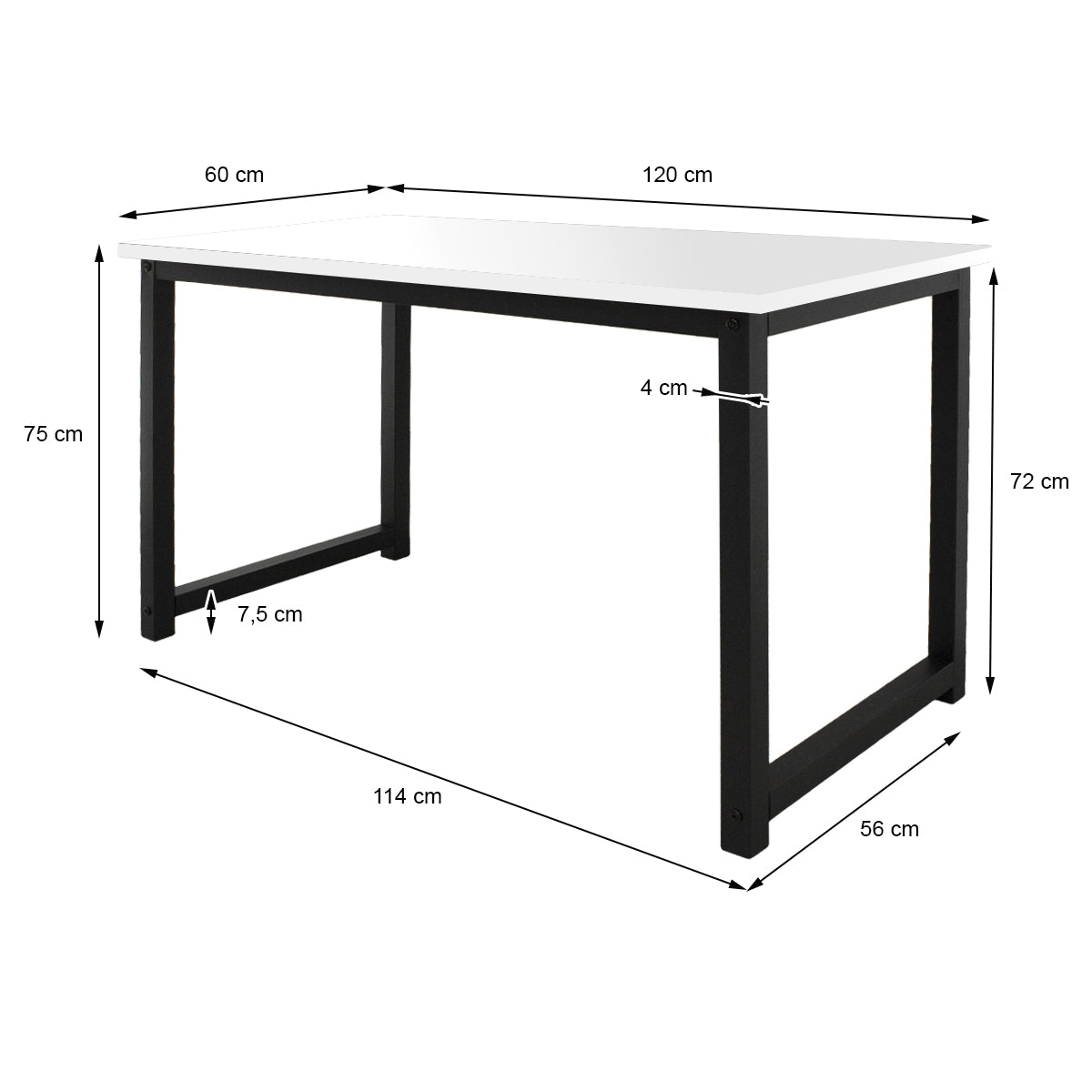 Une table avec des dimensions en noir et blanc.