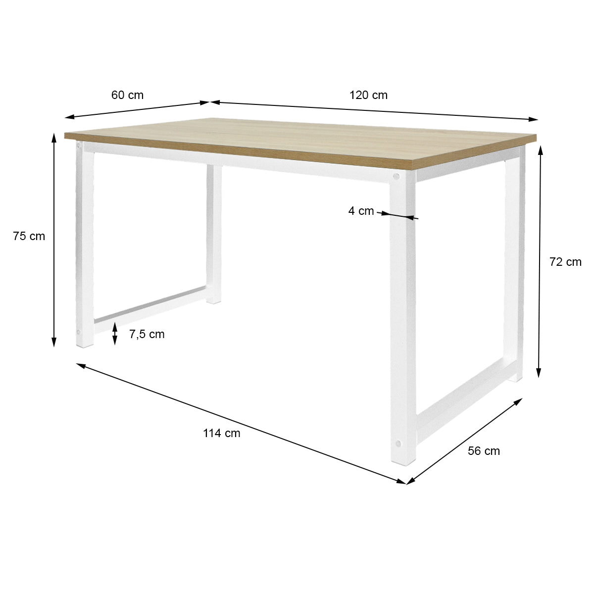 Wooden table with white legs, dimensions: 120x60 cm, height 75 cm.