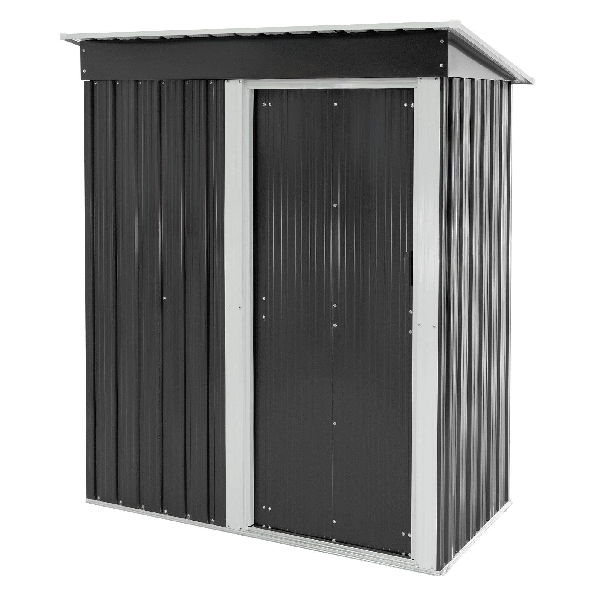 Schwarze Metalllagerbox mit zwei Türen, auf weißem Hintergrund.